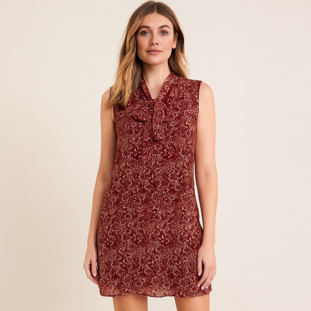 As U Wish Burgundy Mini Sleeveless Tie-Neck Floral A-Line Dress - Small